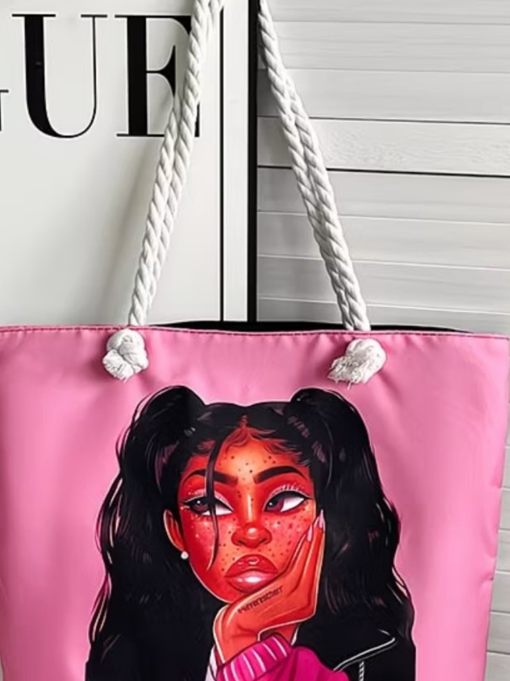 Pink Illustrated Portrait Rope-Handle Tote Bag